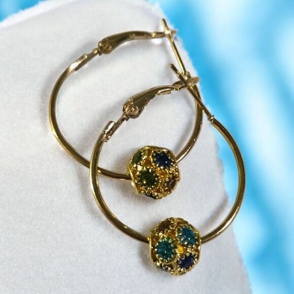 Cute Gold Rhinestone Hoop Earrings Round Shaped Pierced Jewelry Colorful NWT - Picture 3 of 10